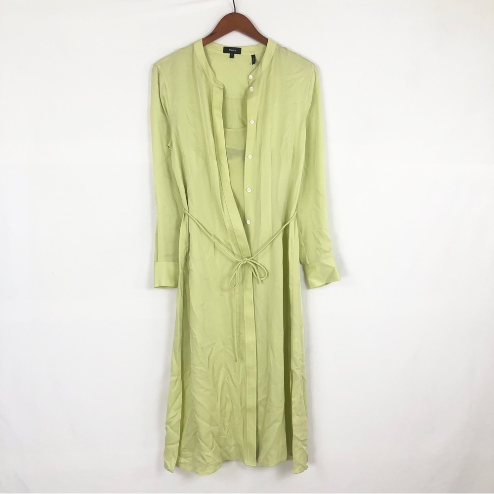 Theory Tie Waist Shirt Dress Midi Silk Georgette Size 8 Green Yellow